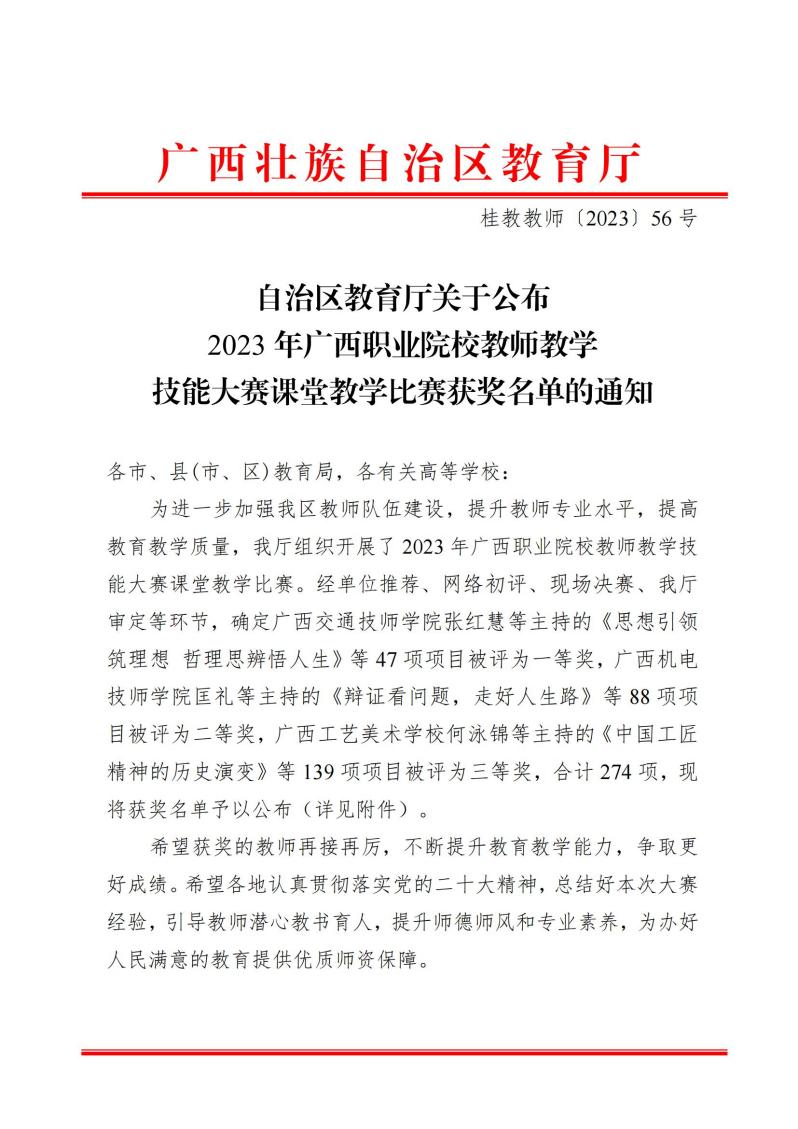 2-684桂教教师〔2023〕56号自治区教育厅关于公布2023年广西职业院校教师教学技能大赛课堂教学比赛获奖名单的通知_00