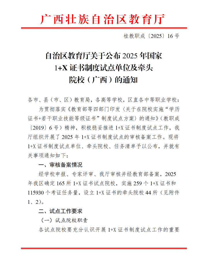 桂教职成〔2025〕16号自治区教育厅关于公布2025年国家1+X证书制度试点单位及牵头院校(广西)的通知_01(1)